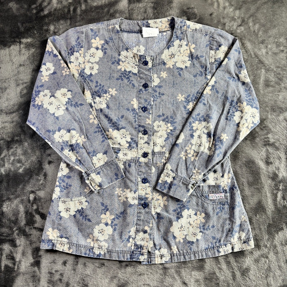 UA Scrubs Womens Blue Floral Herringbone Button Front Scrub Jacket Size M